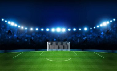 Parlak stadyum ışıkları tasarımlı futbol sahası. Vektör aydınlatması