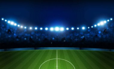 Parlak stadyum ışıkları tasarımlı futbol sahası. Vektör aydınlatması