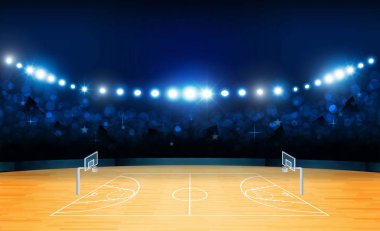 Basketbol arena alan parlak Stadyum ışıkları tasarımı ile. Vektör aydınlatma