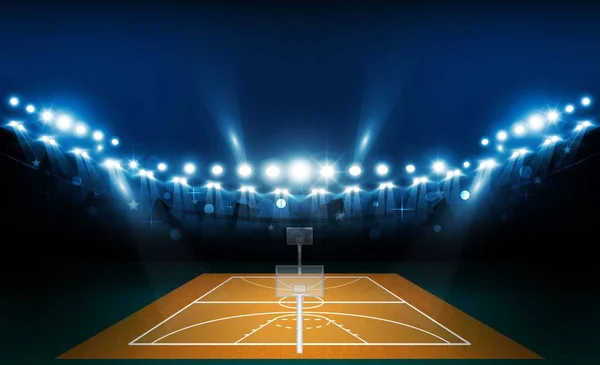 Campo Arena Baloncesto Con Luces Estadio Brillante Diseño Iluminación Vectorial — Vector de stock