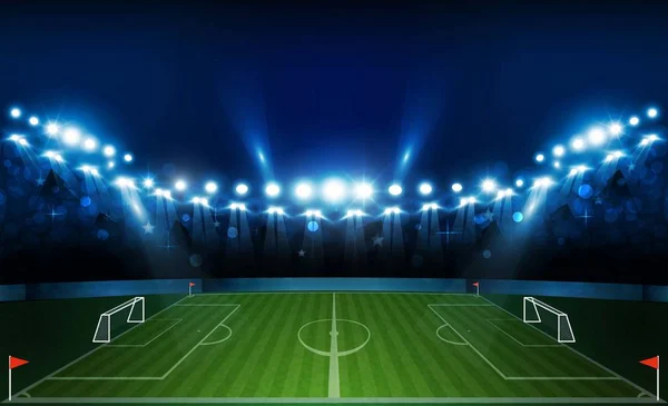 Arena Voetbalveld Met Heldere Stadion Lichten Vector Design Vector Verlichting — Stockvector
