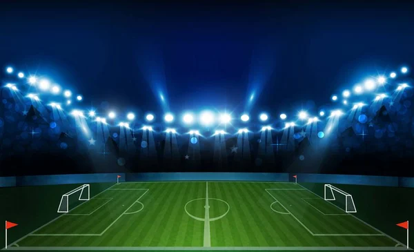 Campo Fútbol Arena Con Luces Estadio Brillante Diseño Vectorial Iluminación — Vector de stock