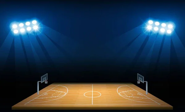 Campo Arena Baloncesto Con Luces Estadio Brillante Diseño Iluminación Vectorial — Vector de stock