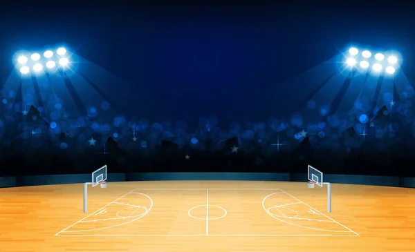 Campo Arena Baloncesto Con Luces Estadio Brillante Diseño Iluminación Vectorial — Vector de stock