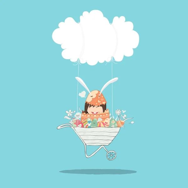 Menina Dos Desenhos Animados Coelho Feliz Páscoa Balançando Uma Nuvem — Vetor de Stock