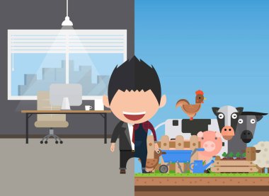 Mutlu yüz işadamı vektör Illustration. Erkekler organik tarım arasındaki kişisel yaşam dengeleme bir kavram.