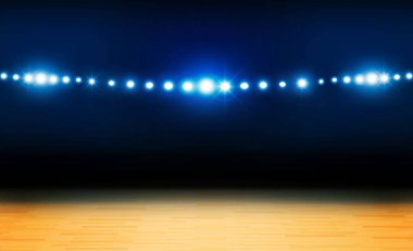Basketbol arena alan parlak Stadyum ışıkları tasarımı ile. Vektör aydınlatma