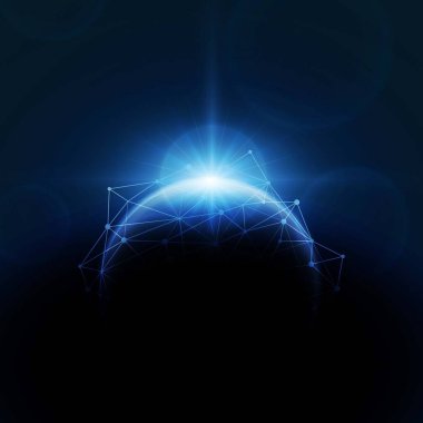 Gündoğumu ve teknoloji ağı ile dünya gezegeni. vektör çizim