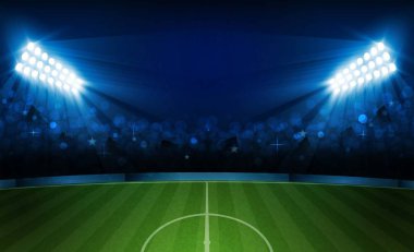 Futbol arena alan parlak Stadyum ışıkları ile vektör tasarım. Vektör aydınlatma