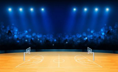 Basketbol arena alan parlak Stadyum ışıkları tasarımı ile. Vektör aydınlatma