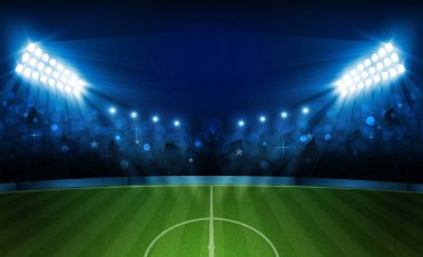 Futbol arena alan parlak Stadyum ışıkları ile vektör tasarım. Vektör aydınlatma