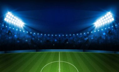 Futbol arena alan parlak Stadyum ışıkları ile vektör tasarım. Vektör aydınlatma