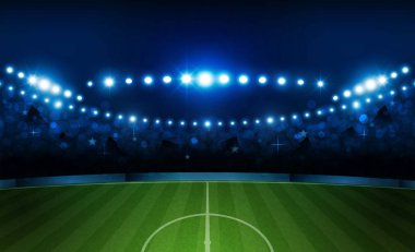 Futbol arena alan parlak Stadyum ışıkları ile vektör tasarım. Vektör aydınlatma