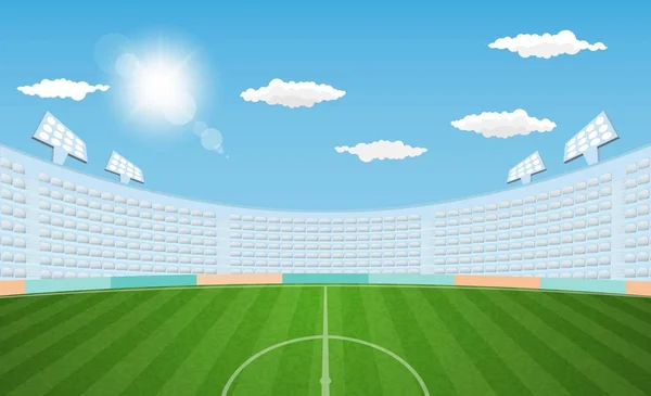 Campo Arena Futebol Com Luzes Sol Design Vetor Diurno Ilustração — Vetor de Stock