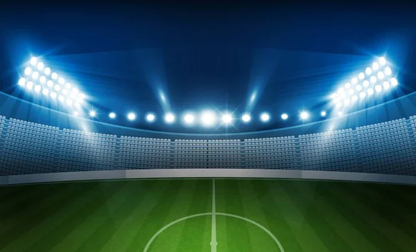 Campo Fútbol Arena Con Luces Estadio Brillante Diseño Vectorial Iluminación — Vector de stock