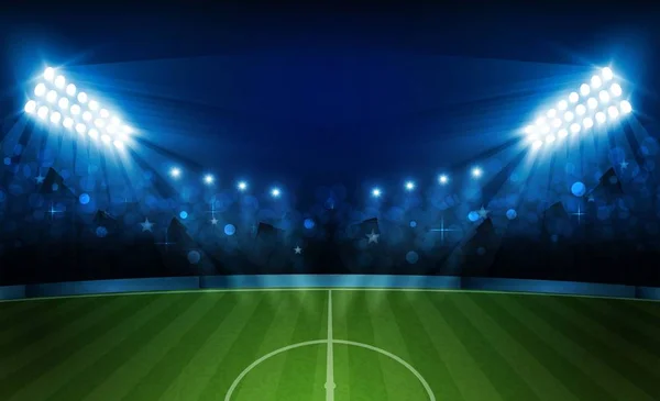 Campo Calcio Arena Con Brillante Stadio Luci Vettoriale Design Illuminazione — Vettoriale Stock