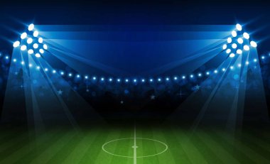 Futbol arena alan parlak Stadyum ışıkları ile vektör tasarım. Vektör aydınlatma