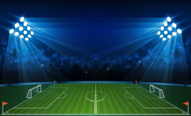 Futbol arena alan parlak Stadyum ışıkları ile vektör tasarım. Vektör aydınlatma