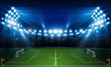 Futbol arena alan parlak Stadyum ışıkları ile vektör tasarım. Vektör aydınlatma