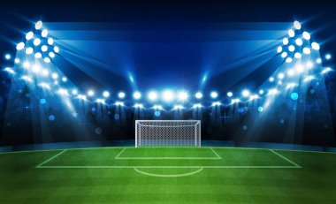 Futbol arena alan parlak Stadyum ışıkları ile vektör tasarım. Vektör aydınlatma