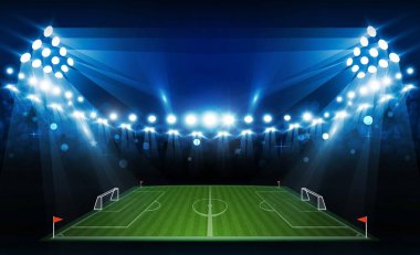 Futbol arena alan parlak Stadyum ışıkları ile vektör tasarım. Vektör aydınlatma