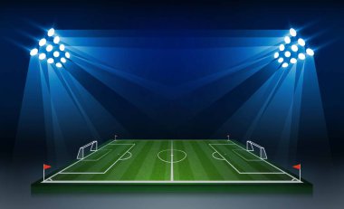 Futbol arena alan parlak Stadyum ışıkları ile vektör tasarım. Vektör aydınlatma