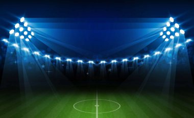 Futbol arena alan parlak Stadyum ışıkları ile vektör tasarım. Vektör aydınlatma
