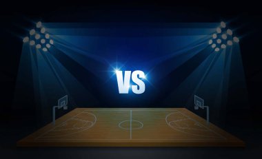Basketbol arena alan parlak Stadyum ışıkları design.match vs stratejisi ile grafik şablonu yayın. Vektör aydınlatma