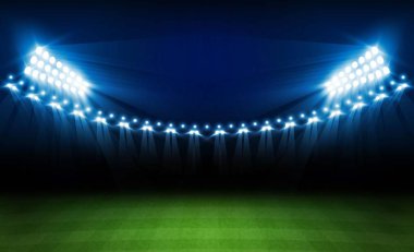 Futbol arena alan parlak Stadyum ışıkları ile vektör tasarım. Vektör aydınlatma