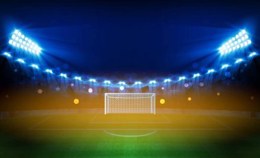 Futbol arena alan parlak Stadyum ışıkları ile vektör tasarım. Vektör aydınlatma
