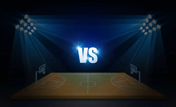 Campo Arena Baloncesto Con Luces Brillantes Del Estadio Diseño Match — Vector de stock