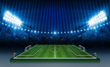 Futbol arena alan parlak Stadyum ışıkları ile vektör tasarım. Vektör aydınlatma