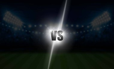 Parlak Stadyumu futbol arena alanıyla vs mektuplar spor ve mücadele rekabet için ışıklar. Savaş ve tasarımı maç. Vektör aydınlatma