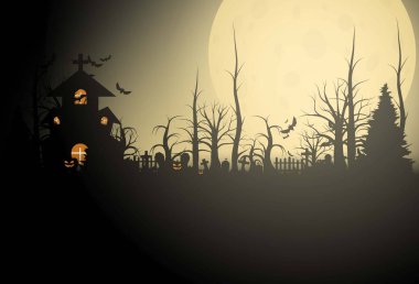 Cadılar Bayramı arka plan ve korkutucu Kilisesi Mezarlığı üzerinde. Vektör aydınlatma