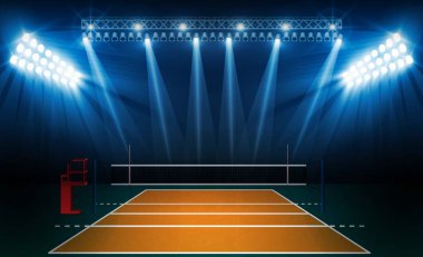 Voleybol court arena alan parlak Stadyum ışıkları tasarımı ile. Vektör aydınlatma