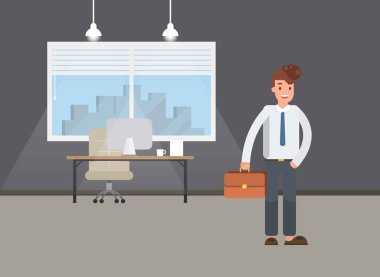 İş güç kavramı. Önünde duran işadamı onun süper kahraman gölge. Kendine güven. Gelecekteki hedefi. Kendini geliştirme. Vektör çizim.