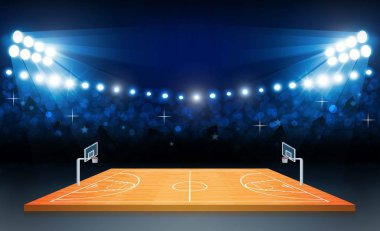 Parlak stadyum ışıkları tasarımlı basketbol sahası.