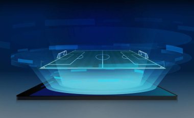 Futbol sahasında telefon, parlak stadyum ışıkları vektörü. 
