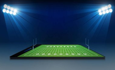 Parlak stadyum ışığı olan Amerikan futbol sahasında telefon.