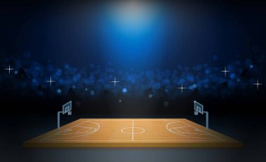 Parlak stadyum ışıkları tasarımlı basketbol sahası. Vektör