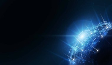 Gündoğumu ve teknoloji ağıyla Dünya gezegeni. vektör çizimi