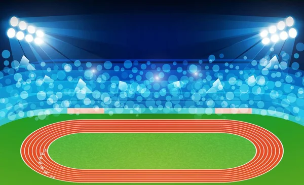 Campo de pista de atletismo con luces de estadio brillante vector — Vector de stock