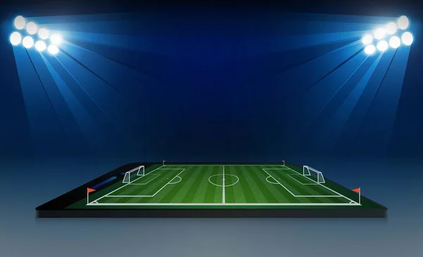 Futbol sahasında telefon, parlak stadyum ışıkları vektörü. — Stok Vektör