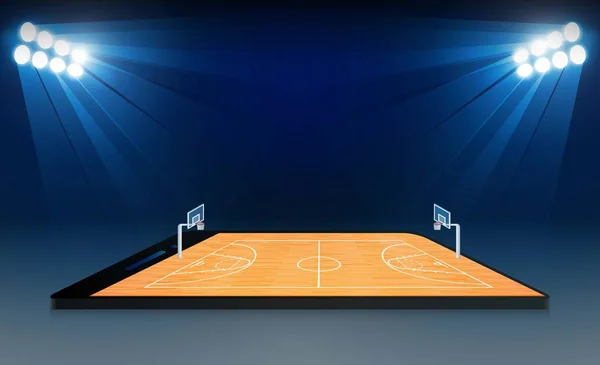 Téléphone sur terrain de basket-ball arène avec des lumières de stade lumineux desig — Image vectorielle