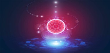 Mavi fütüristik arkaplan arama yeniliği arka plan vektör tasarımı üzerine Coronavirus COVID-2019 hologramı .