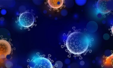 Mavi Soyut Bokeh Light arkaplan tasarımı üzerinde bakteri ve Coronavirus COVID-2019 yazıtlı koyu arkaplan .
