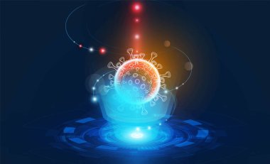Mavi fütüristik arkaplan arama yeniliği arka plan vektör tasarımı üzerine Coronavirus COVID-2019 hologramı .