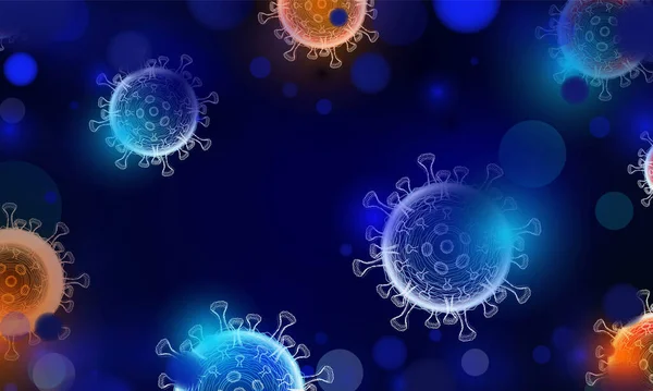 Темний Фон Бактеріями Напис Коронавірус Covid 2019 Синьому Абстрактному Боке — стоковий вектор