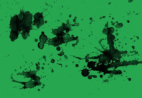 Pintura Preta Abstrata Espirra Textura Fundo Verde — Fotografia de Stock