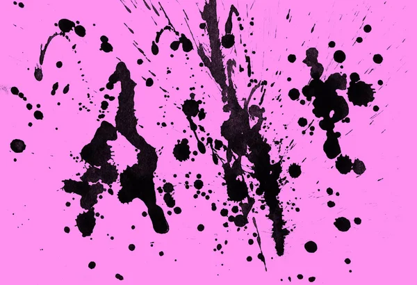 Pintura Preta Abstrata Espirra Textura Fundo Rosa — Fotografia de Stock